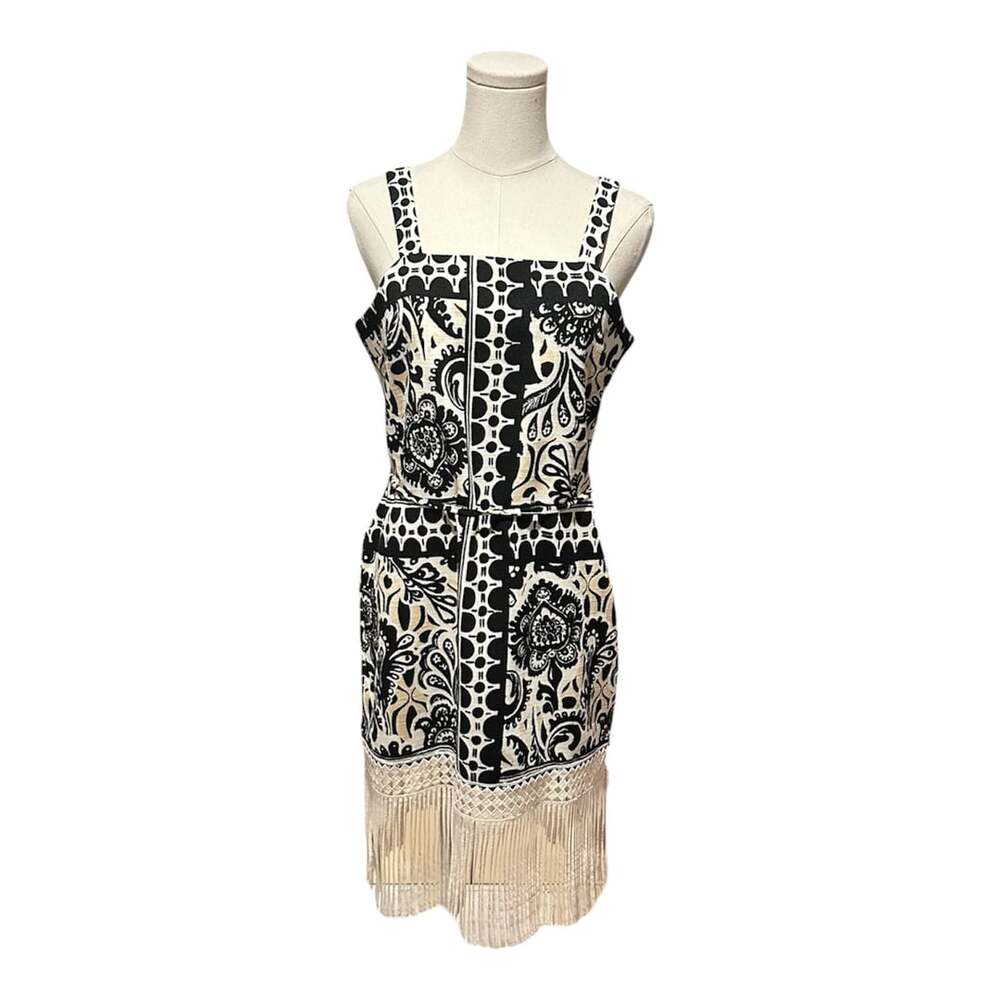 Tahari Black and White Paisley Print Fringe Hem Sheath Dress Women’s Sz Petite 8